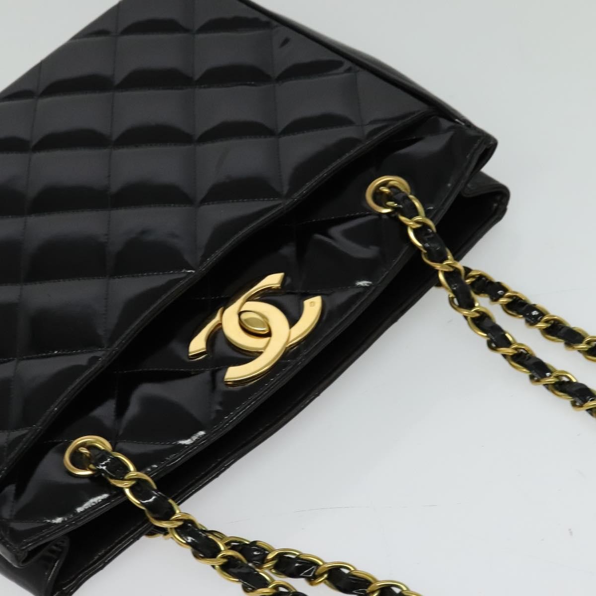 Chanel Vintage Chain Tote Quilted Patent, BLACK, LEATHER, Shoulder bag