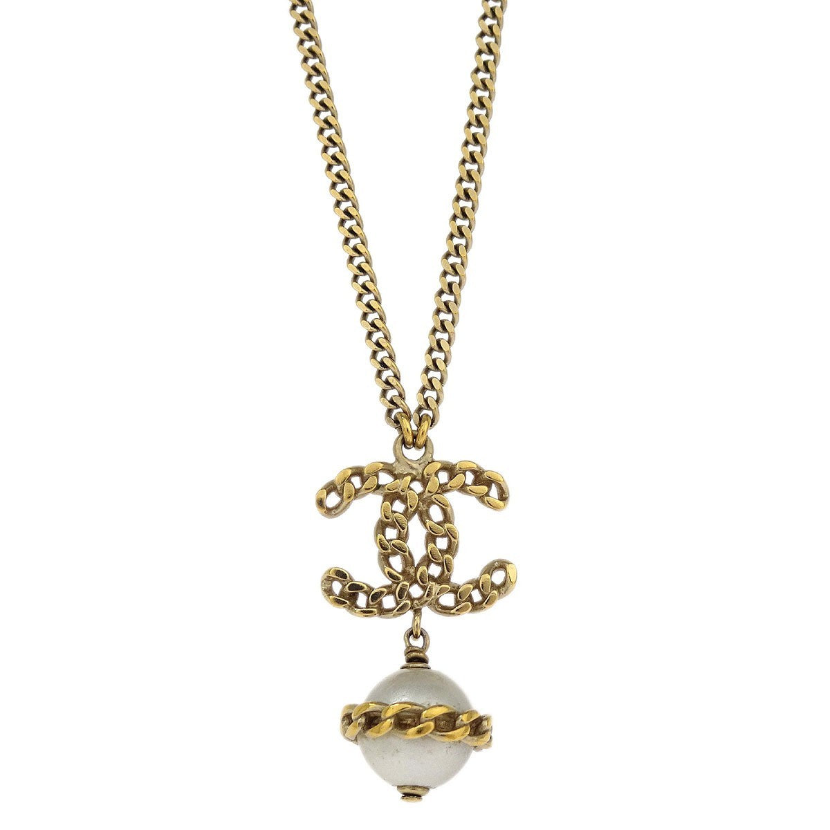Chanel CC Chain Necklace Metal with Faux Pearls, GOLD, GOLD_PLATED, Necklace