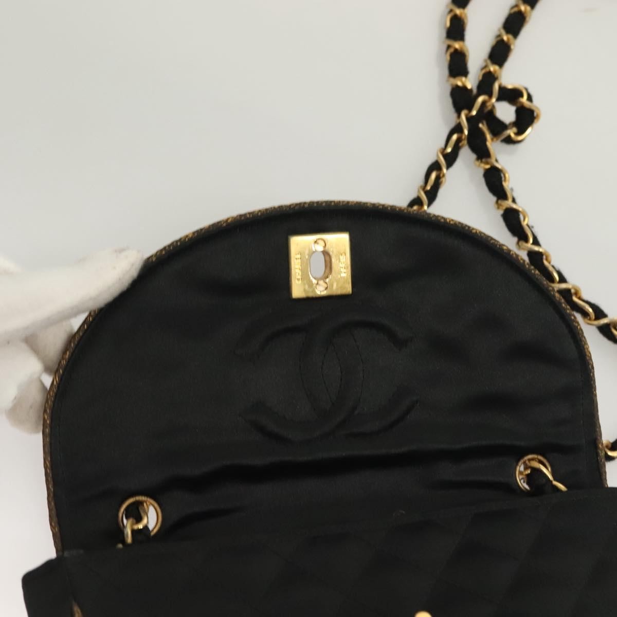 Chanel Vintage Half Moon Chain Bag Quilted Satin with Braided Detail, BLACK, SATIN, Handbag
