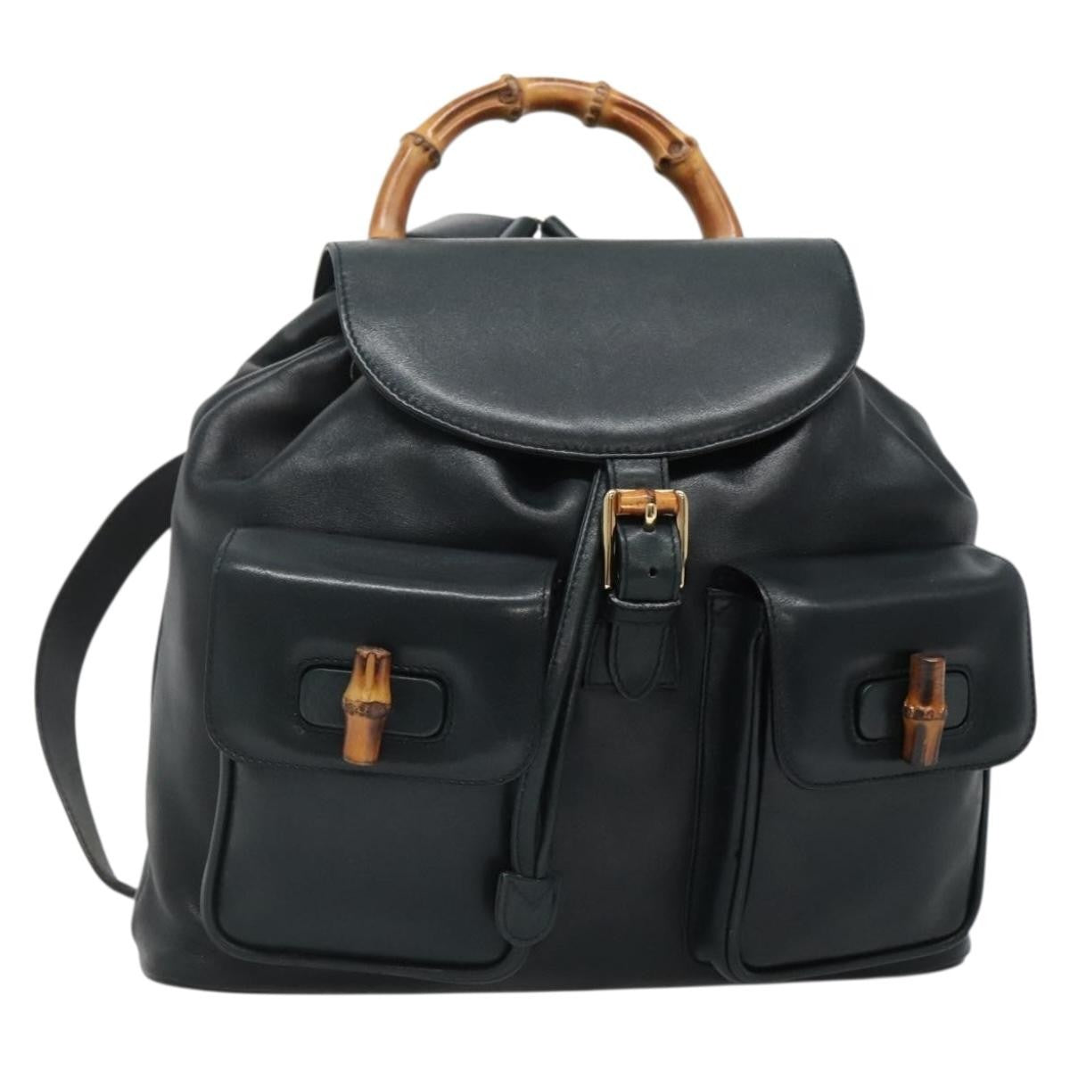 Gucci Vintage Bamboo Backpack Leather, BLACK, LEATHER, Backpack