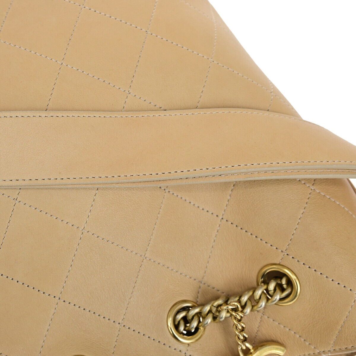 Chanel On My Shoulder Drawstring Bag Quilted Calfskin, BEIGE, LEATHER, Shoulder bag