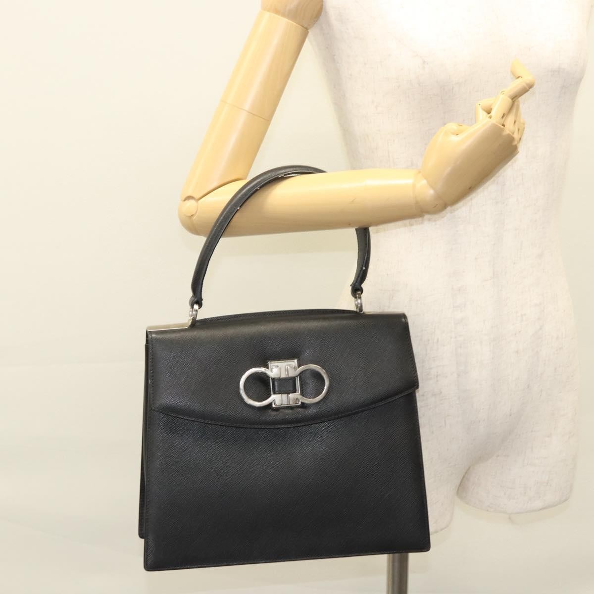 Salvatore Ferragamo Double Gancini Top Handle Bag Saffiano Leather, BLACK, LEATHER, Handbag