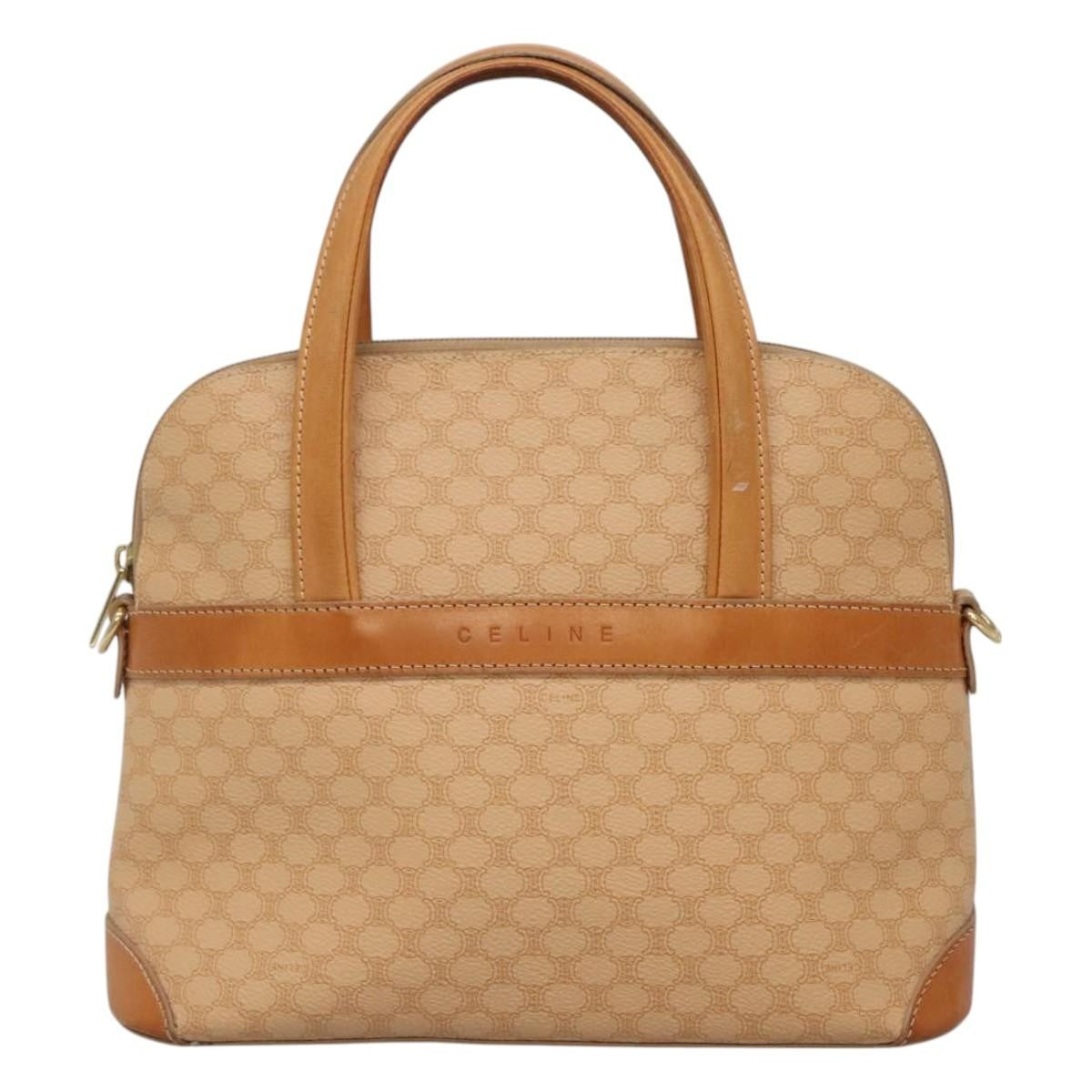 Celine Vintage Macadam Handbag Canvas and Leather, BEIGE, CANVAS, Handbag