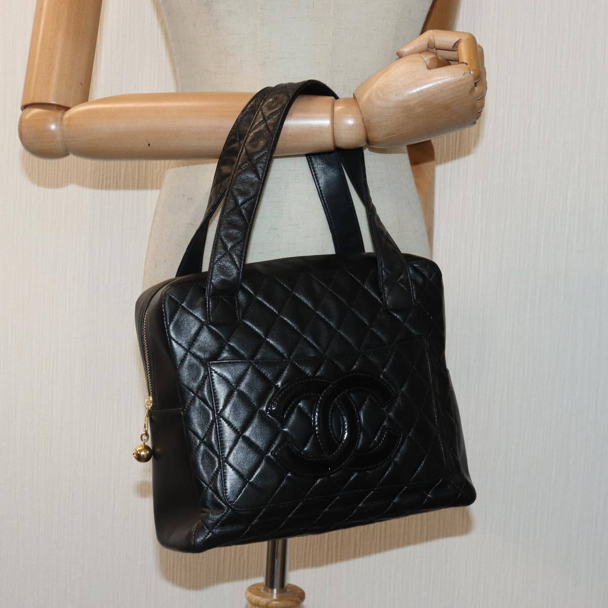 Chanel Coco Mark Black cakfskin, BLACK, LEATHER, Handbag