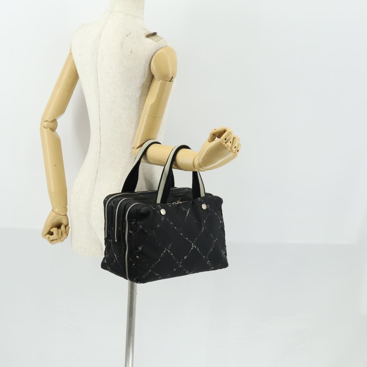 Chanel Travel Line Boston Bag Printed Nylon, BLACK, NYLON, Handbag