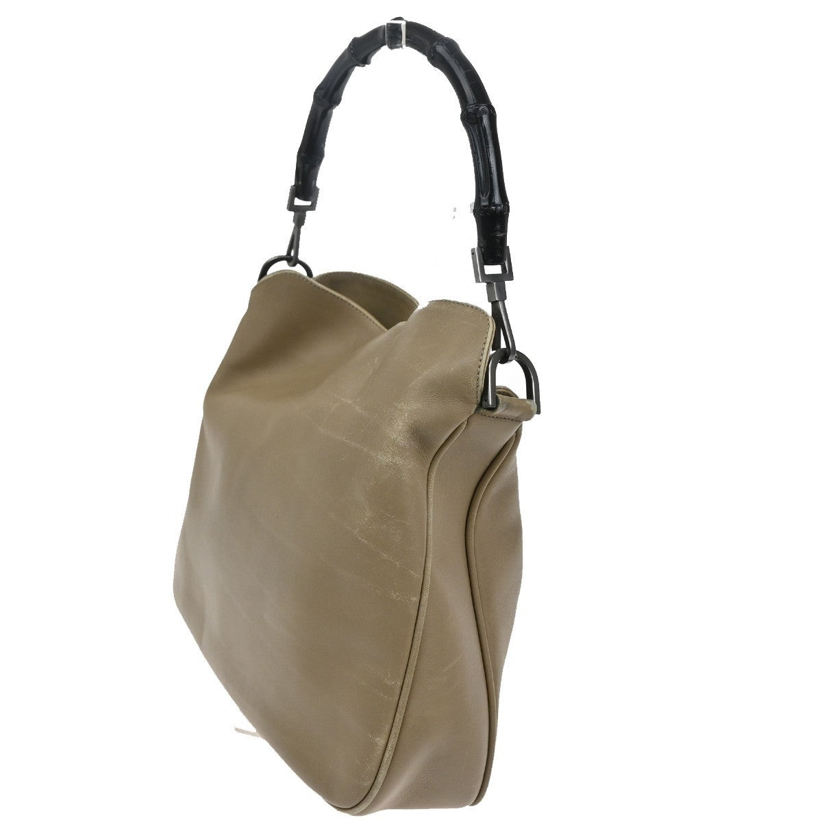 Gucci Vintage Bamboo Handle Open Hobo Leather, BEIGE, LEATHER, Handbag