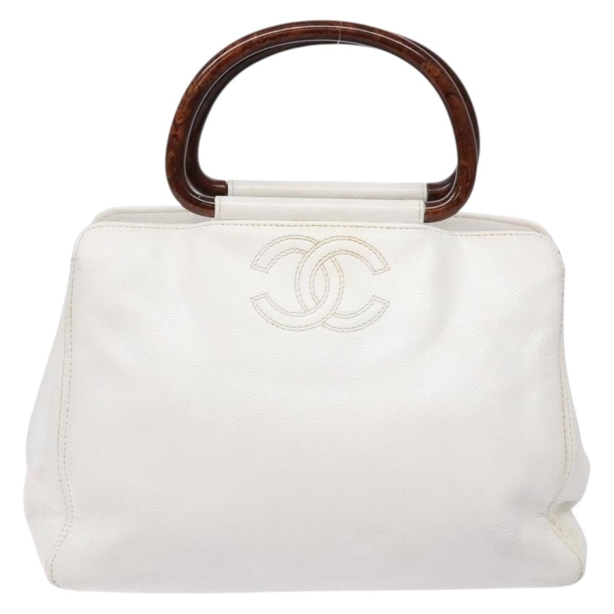 Chanel Vintage Wooden Ring Tote Leather, WHITE, LEATHER, Tote bag