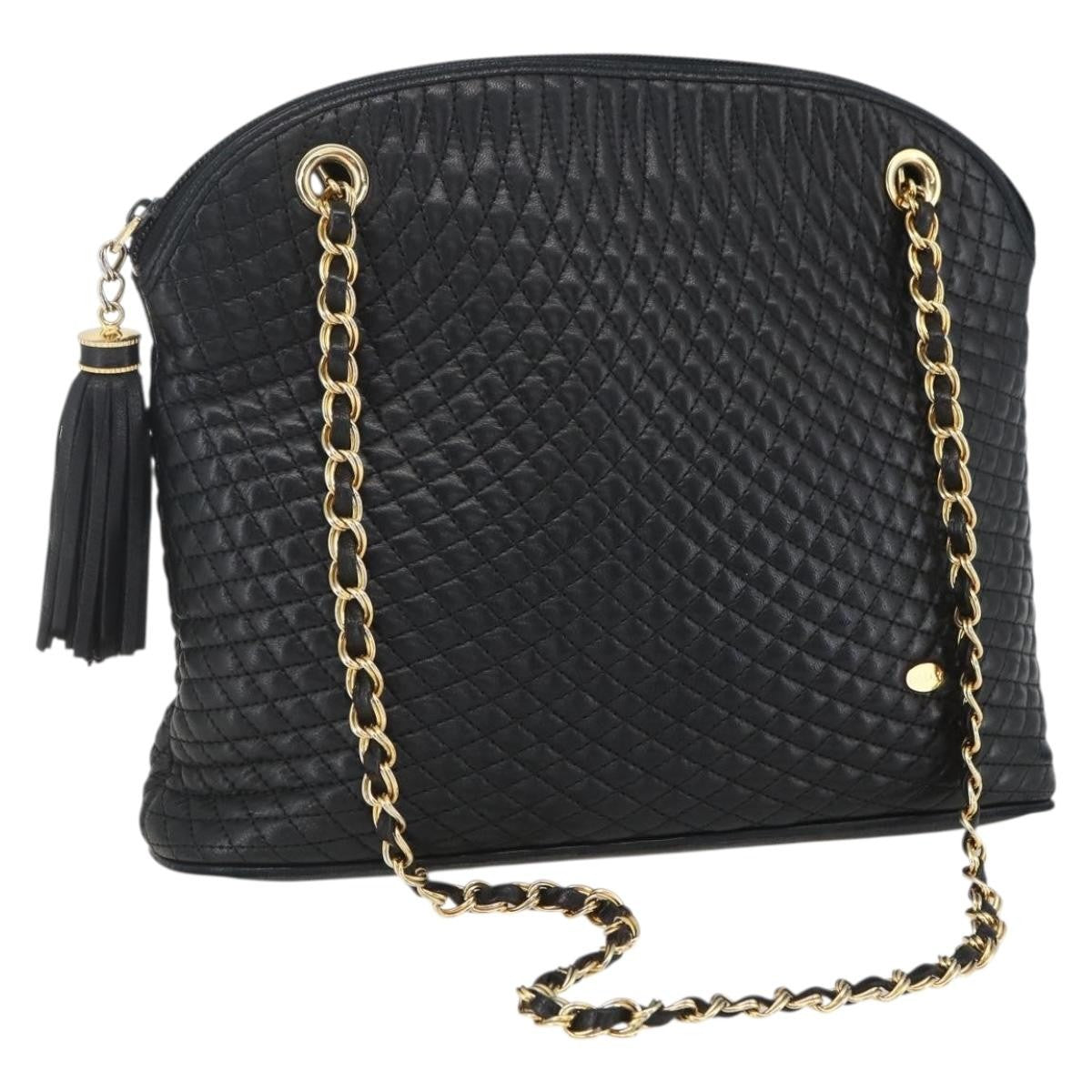 Bally Vintage Chain Shoulder Bag Quilted Leather, NAVY, LEATHER, Shoulder bag