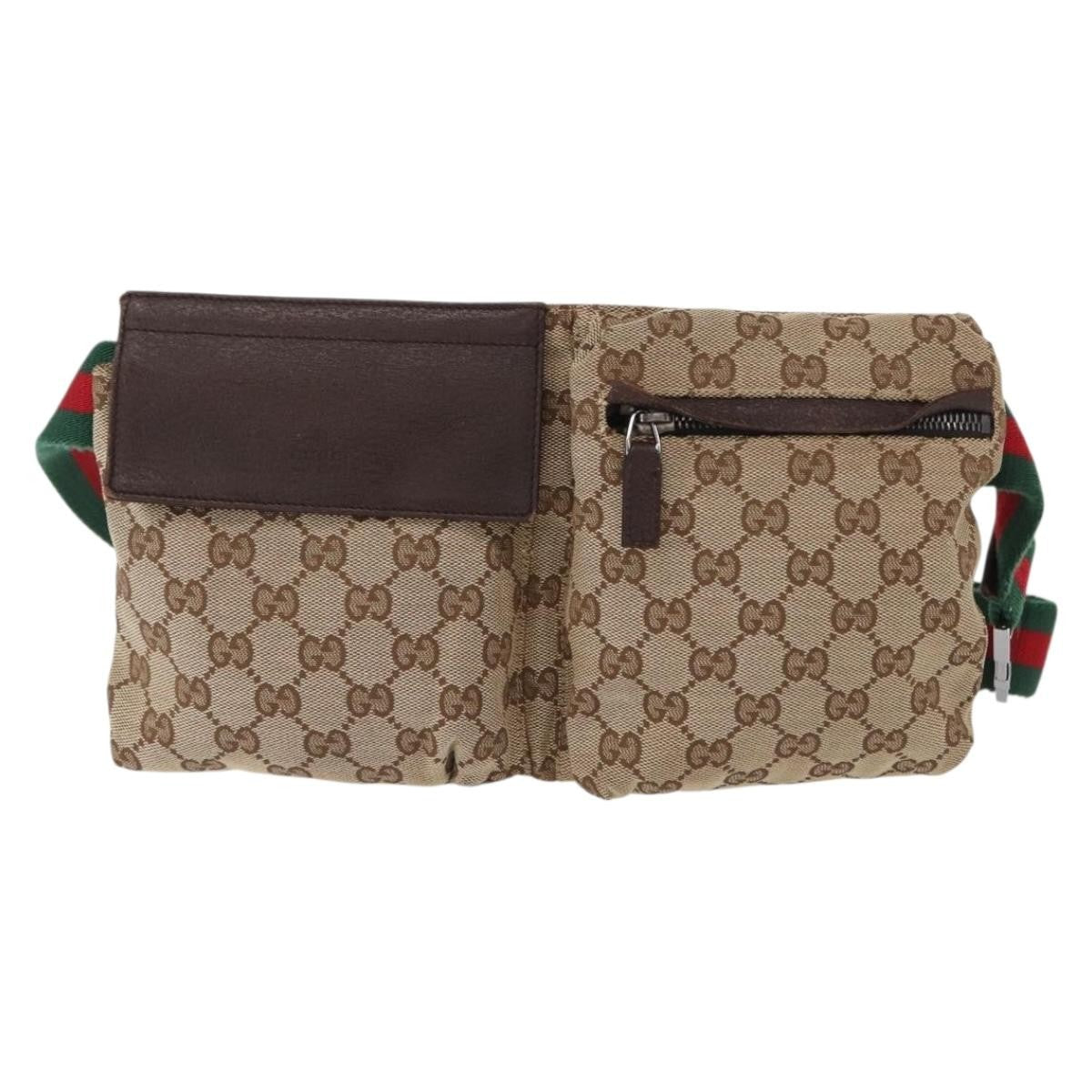 Gucci Vintage Double Belt Bag GG Canvas with Leather, BEIGE, CANVAS, Clutche & pouche