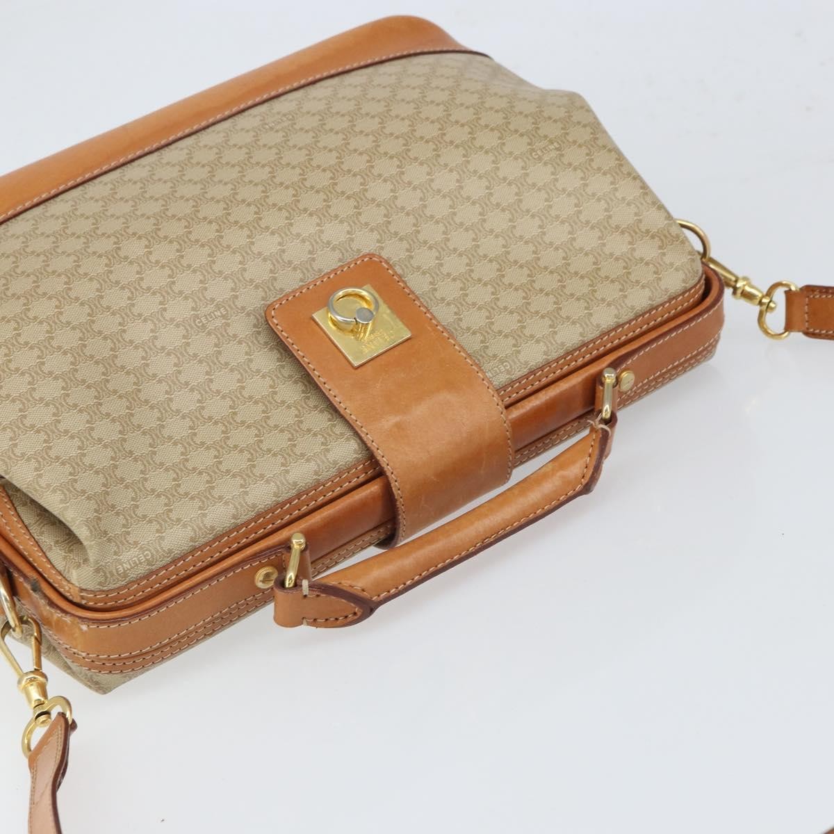 Celine Vintage Macadam Handbag Canvas and Leather, BEIGE, CANVAS, Handbag
