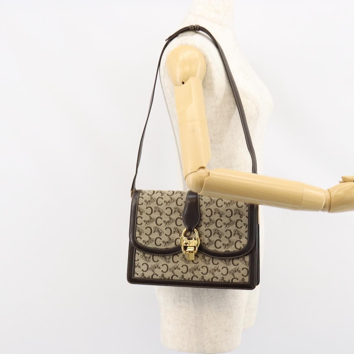 Celine C Sulky Shoulder bag Canvas and Leather, BROWN, CANVAS, Shoulder bag