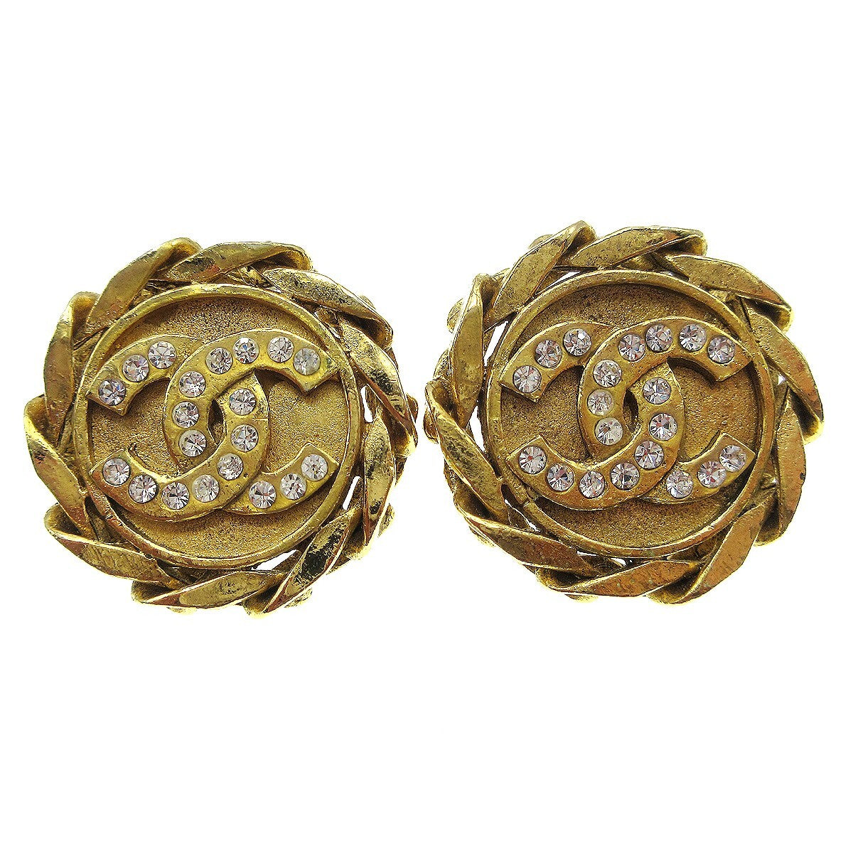 Chanel Vintage CC Round Clip-On Earrings Metal with Crystals, GOLD, GOLD_PLATED, Earrings