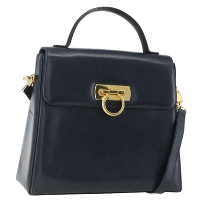 Salvatore Ferragamo Gancini Convertible Top Handle Bag Leather, NAVY, LEATHER, Handbag
