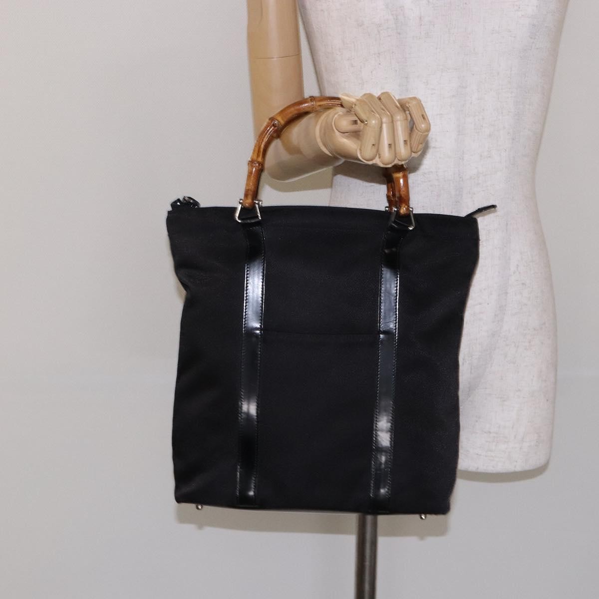 Gucci Vintage Bamboo Handle Tote Nylon, Black, Nylon, Tote Bag