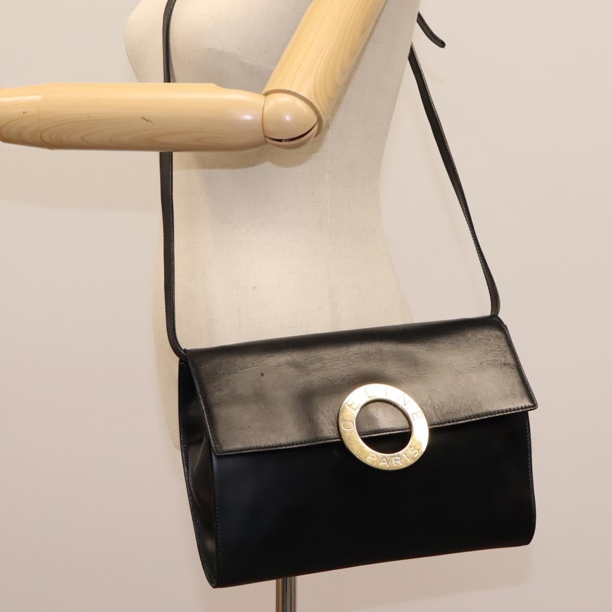 Celine Vintage Circle Logo Crossbody Bag Leather, BLACK, LEATHER, Crossbody bag