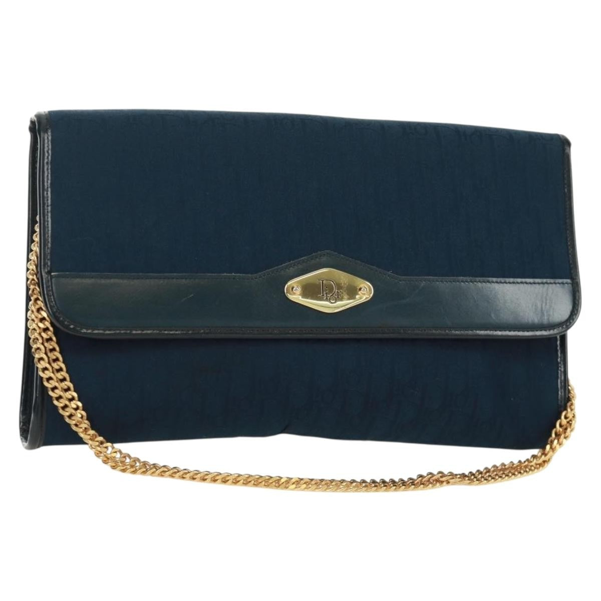 Christian Dior Vintage Chain Flap Shoulder Bag Diorissimo Canvas, Navy, Canvas, Shoulder Bag