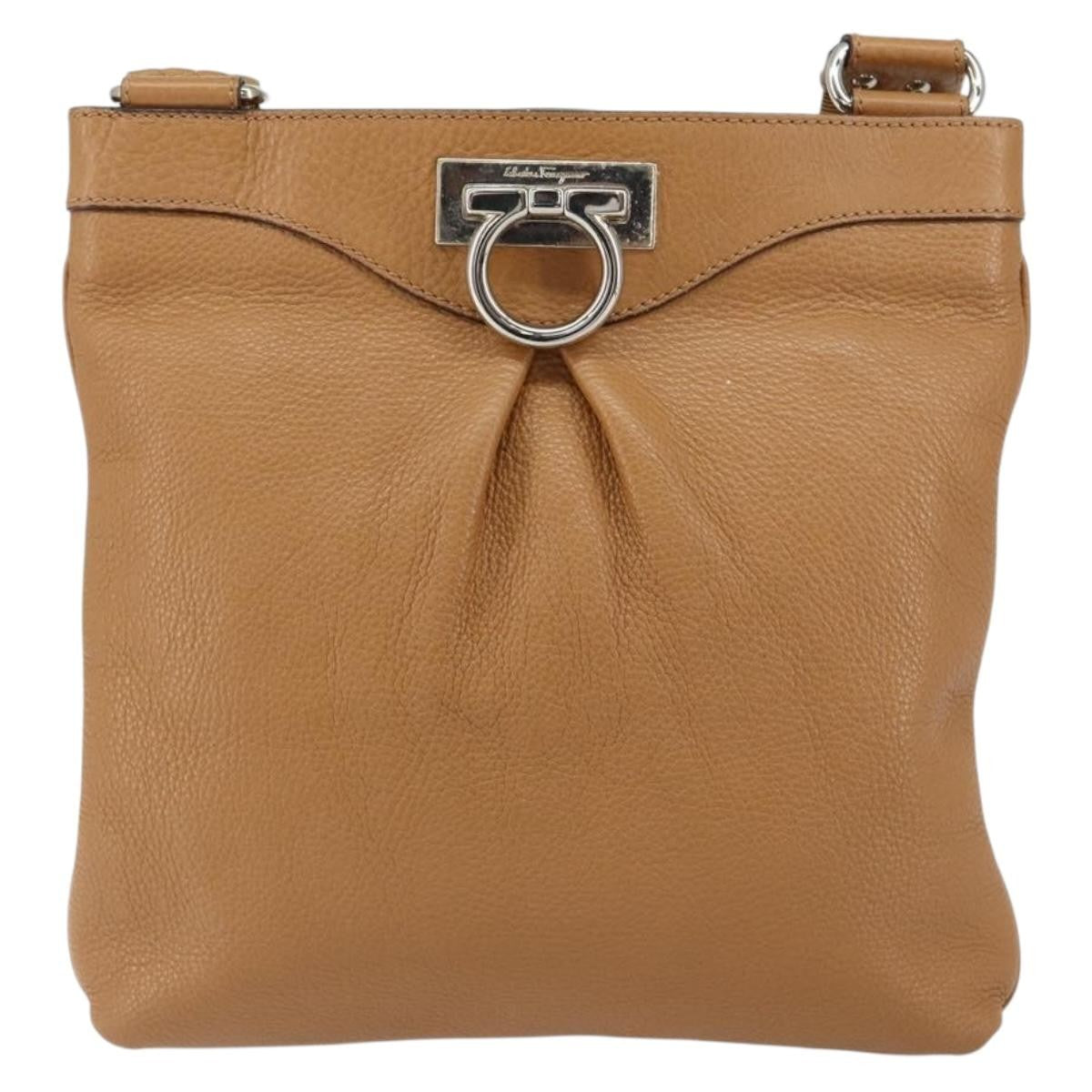 Salvatore Ferragamo Gancini Shoulder Bag Leather, BROWN, LEATHER, Shoulder bag