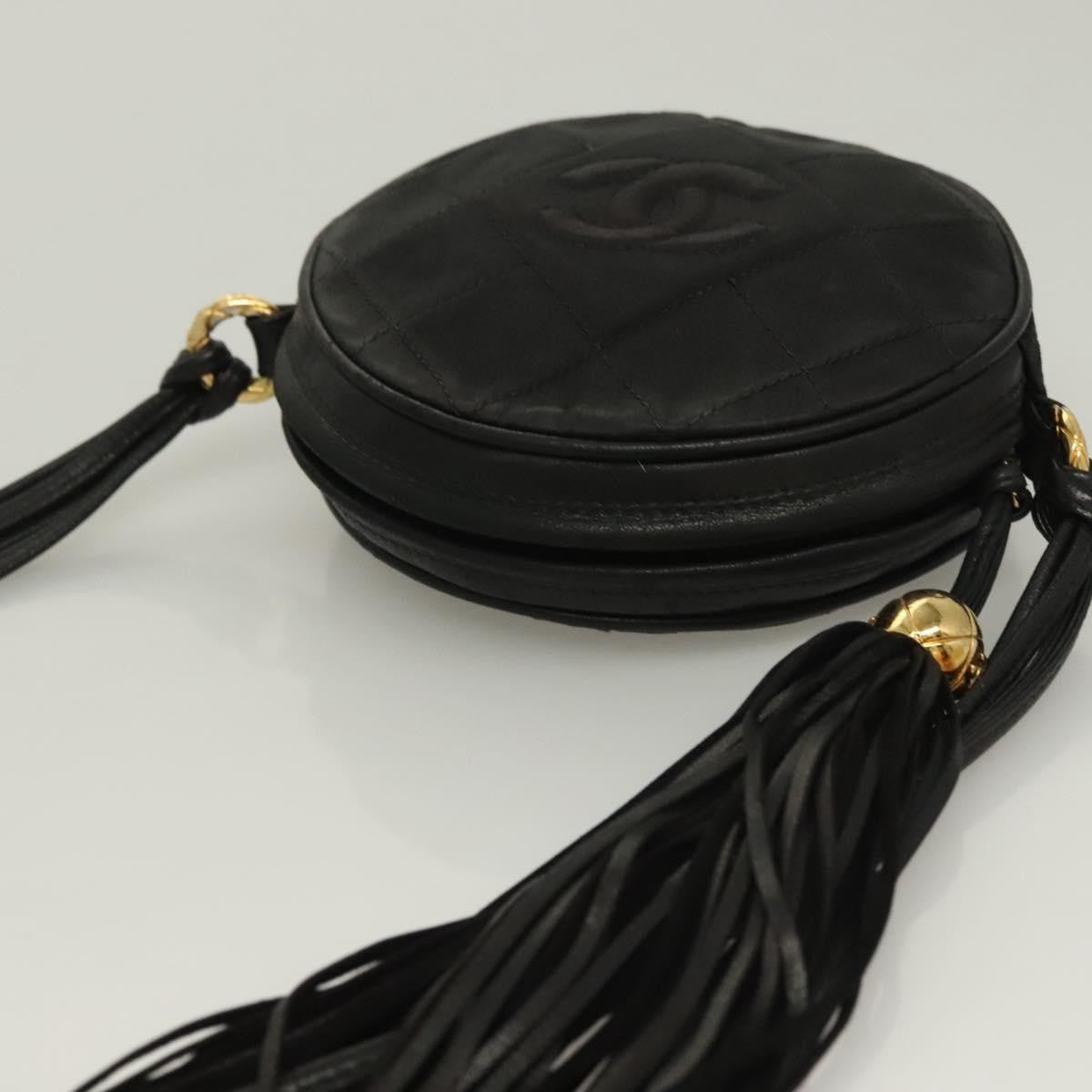 Chanel Vintage Round Tassel Crossbody Bag Quilted Satin, BLACK, SATIN, Shoulder bag