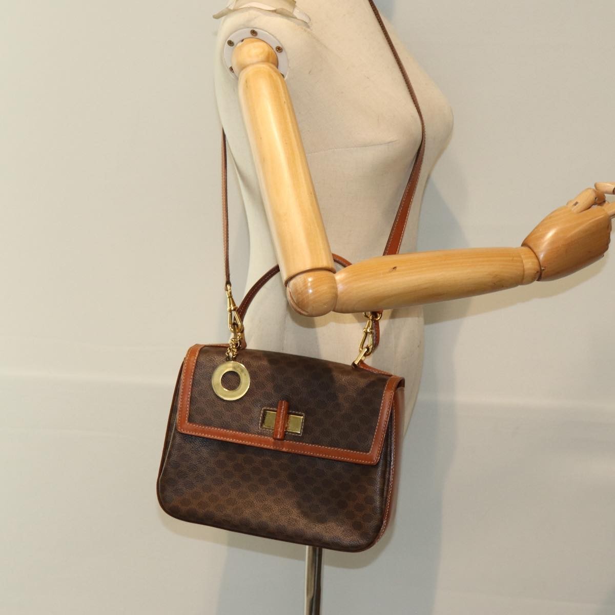 Celine Vintage Convertible Top Handle Bag Macadam Coated Canvas, BROWN, CANVAS, Handbag