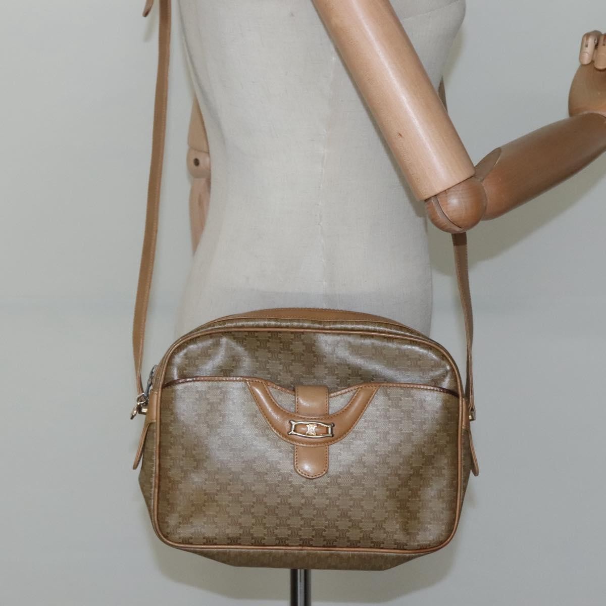 Celine Vintage Macadam Shoulder Bag Canvas and Leather, Beige, Canvas, Shoulder Bag