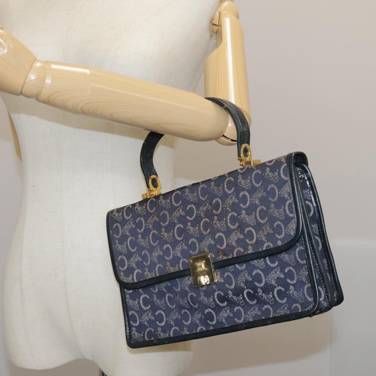 Celine C Sulky Handbag Canvas, NAVY, CANVAS, Handbag