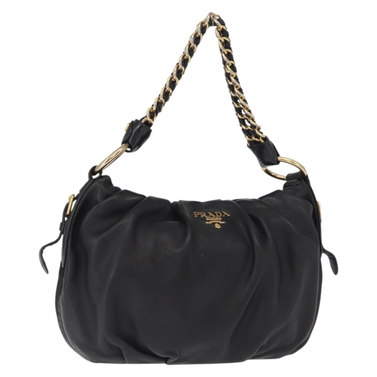 Prada Lux Chain Strap Hobo Soft Calf, BLACK, LEATHER, Shoulder bag