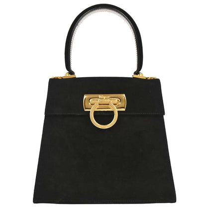 Salvatore Ferragamo Gancini Convertible Top Handle Bag Suede, BLACK, SUEDE, Handbag