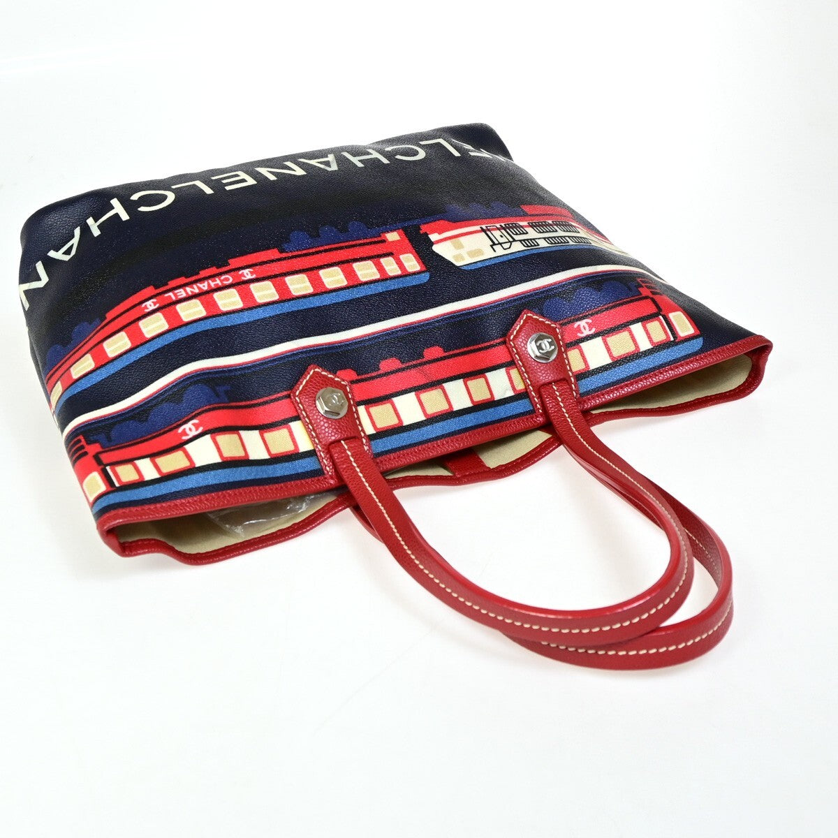 Chanel Le Train Tote Printed Coated Canvas, NAVY, CANVAS, Tote bag