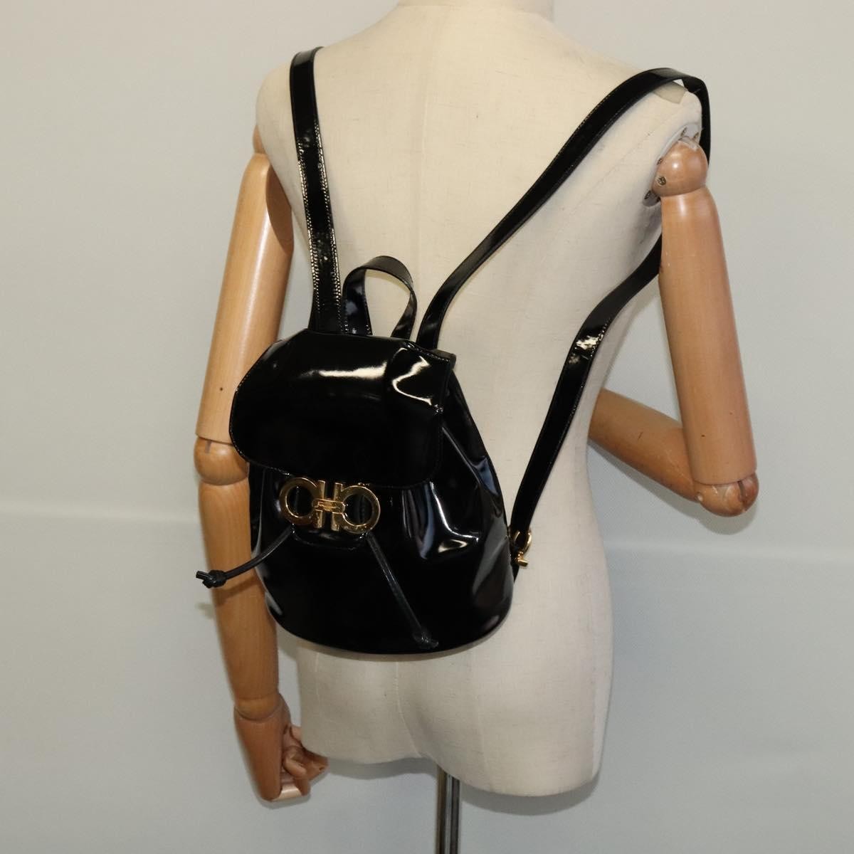 Salvatore Ferragamo Gancini Flap Drawstring Backpack Patent leather, BLACK, PATENT_LEATHER, Backpack