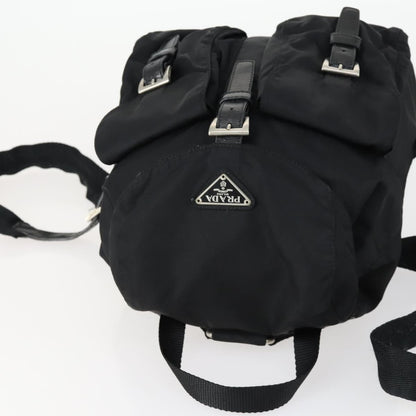 Prada Vela Double Front Pocket Backpack Tessuto with Saffiano Leather, BLACK, NYLON, Backpack