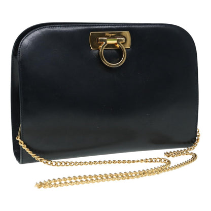 Salvatore Ferragamo Vintage Gancini Chain Shoulder Bag Leather, NAVY, LEATHER, Shoulder bag