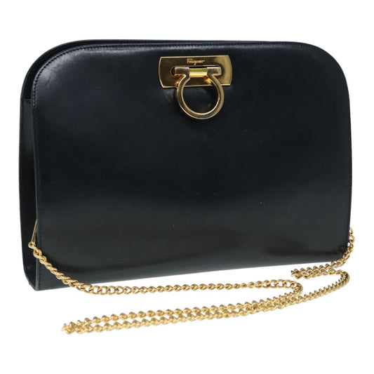 Salvatore Ferragamo Vintage Gancini Chain Shoulder Bag Leather, NAVY, LEATHER, Shoulder bag