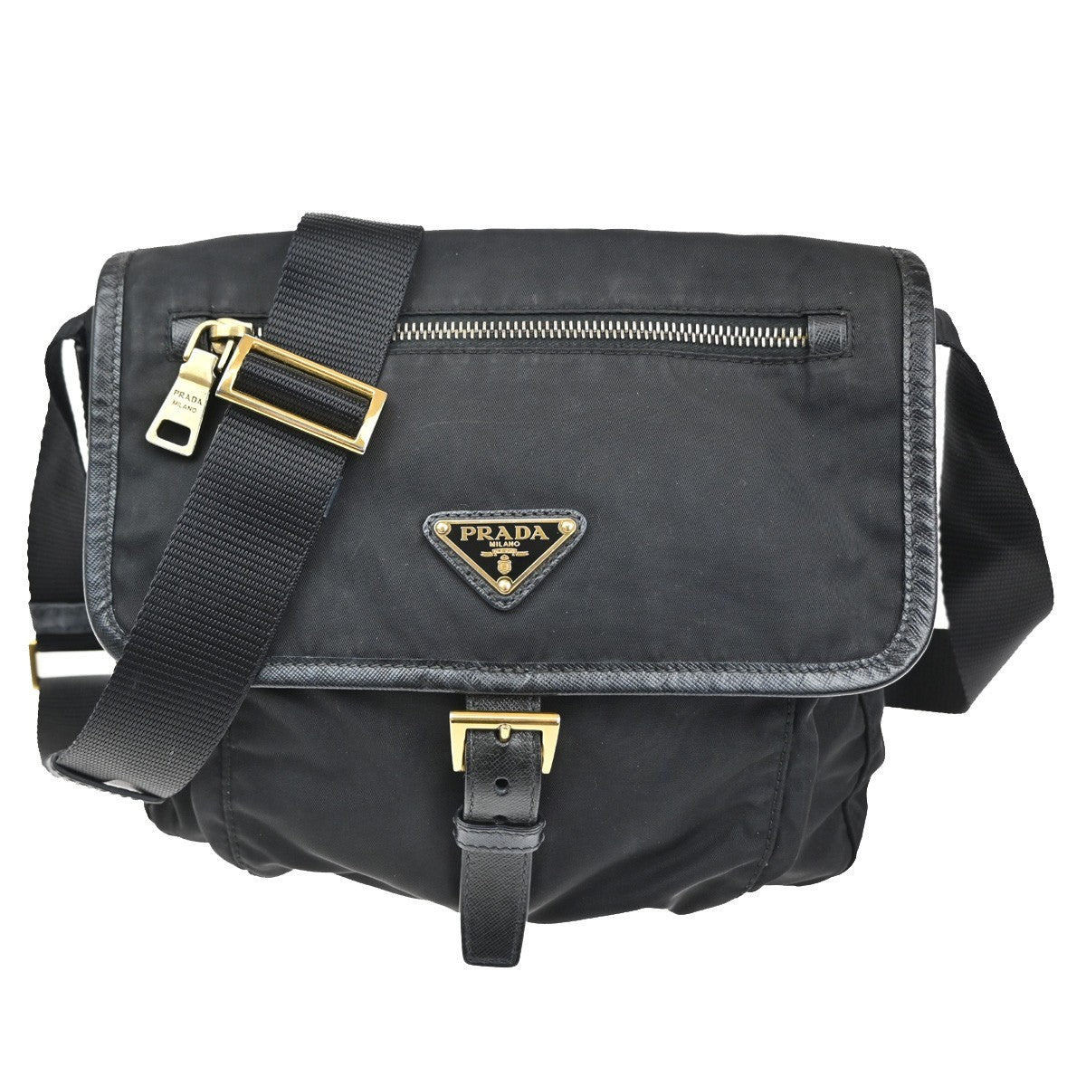 Prada Buckle Messenger Bag Tessuto, Black, Nylon, Shoulder Bag