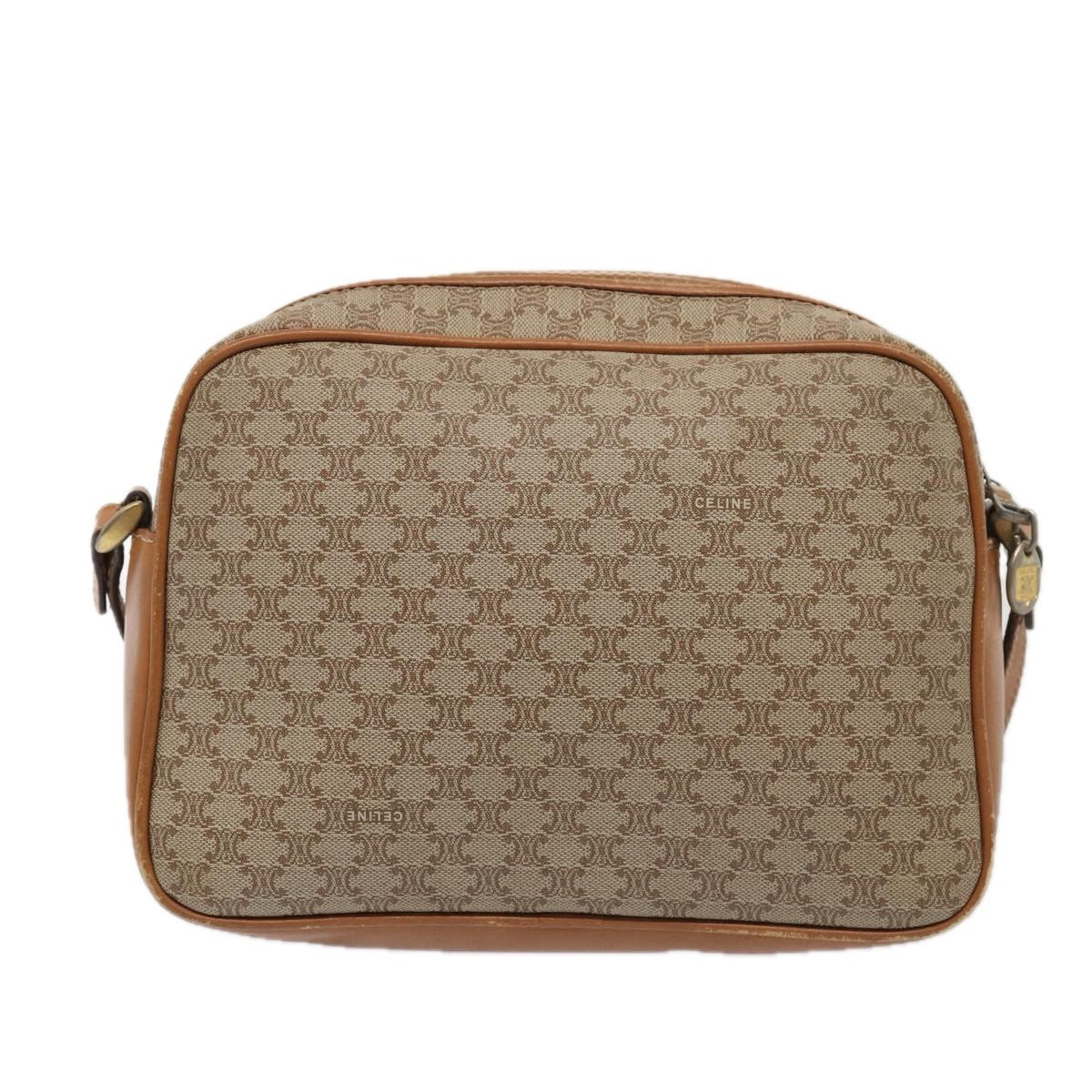 Celine Vintage Macadam Shoulder Bag Canvas and Leather, BEIGE, CANVAS, Shoulder bag