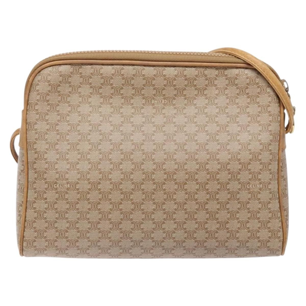Celine Vintage Macadam Shoulder Bag Canvas and Leather, BEIGE, CANVAS, Shoulder bag