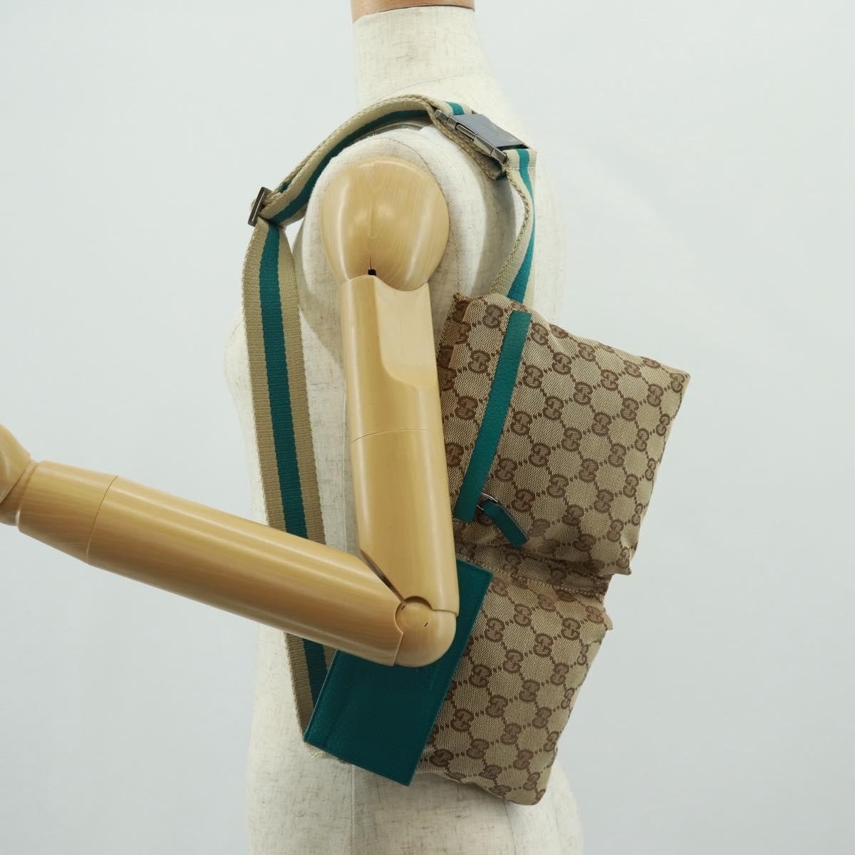Gucci Vintage Double Belt Bag GG Canvas with Leather, Beige, Canvas, Shoulder Bag