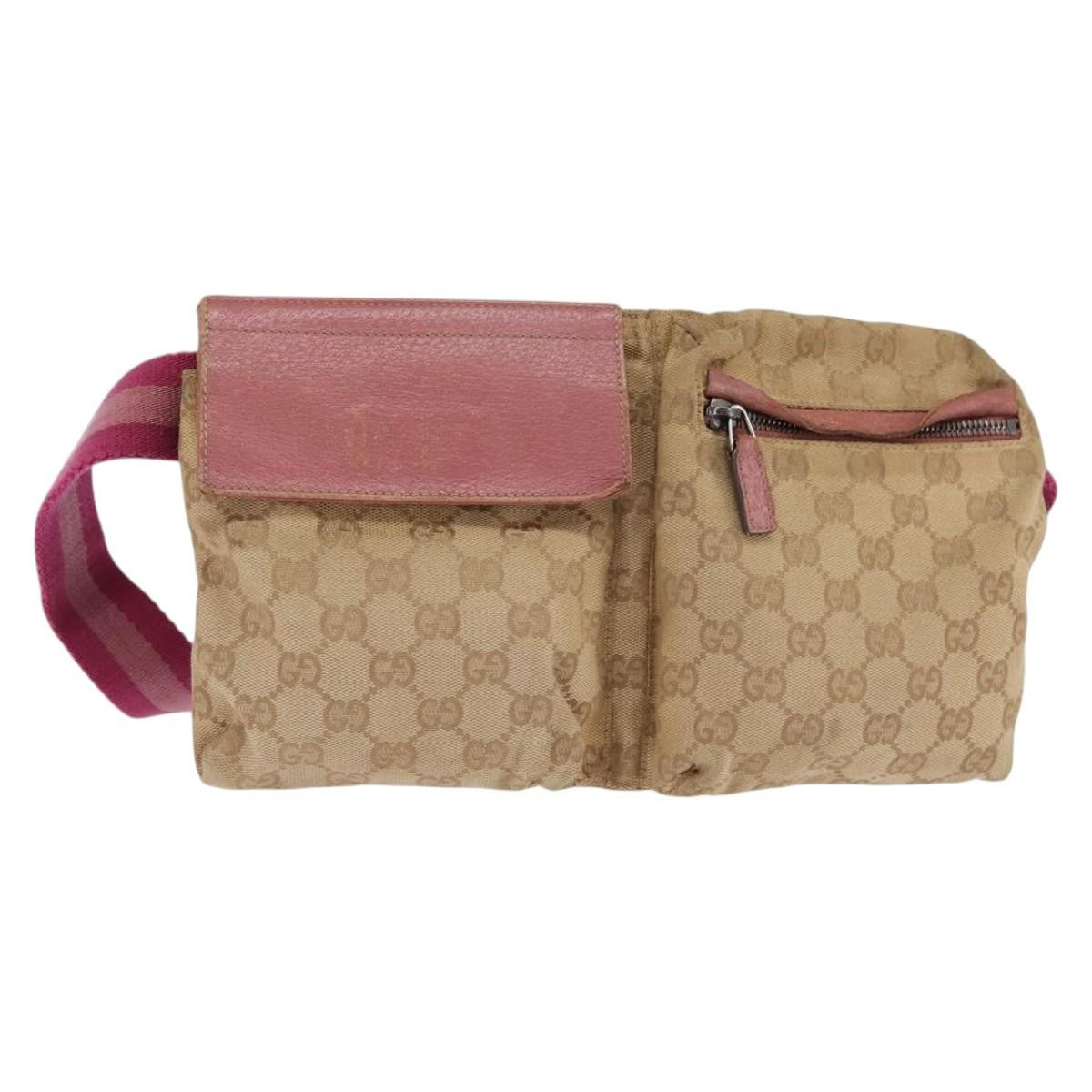 Gucci Vintage Double Belt Bag GG Canvas with Leather, Beige, Canvas, Crossbody Bag
