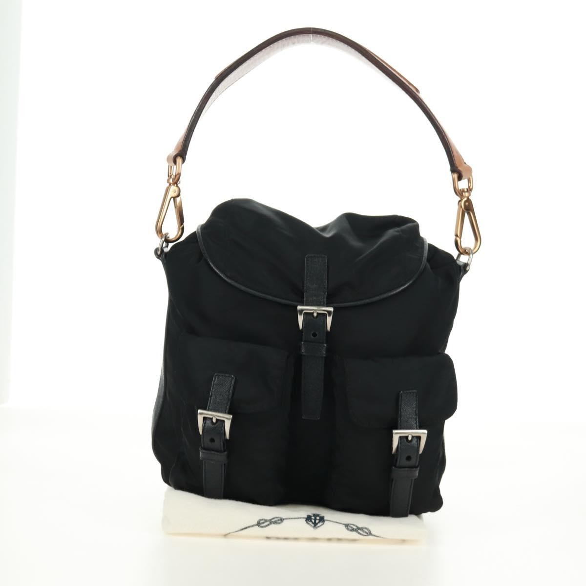 Prada Double Pocket Drawstring Shoulder Bag Tessuto, Black, Nylon, Shoulder Bag