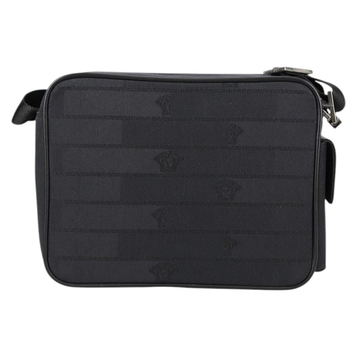 Versace Front Pocket Shoulder Bag Leather and Canvas, BLACK, CANVAS, Shoulder bag
