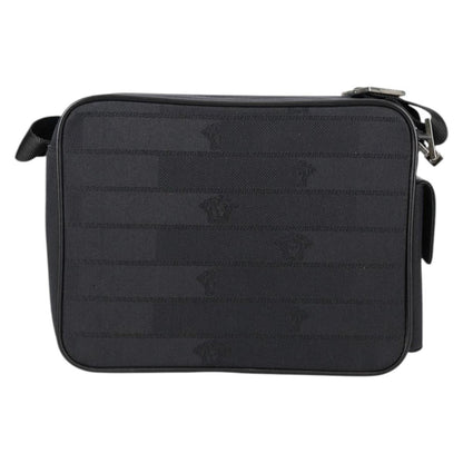 Versace Front Pocket Shoulder Bag Leather and Canvas, BLACK, CANVAS, Shoulder bag