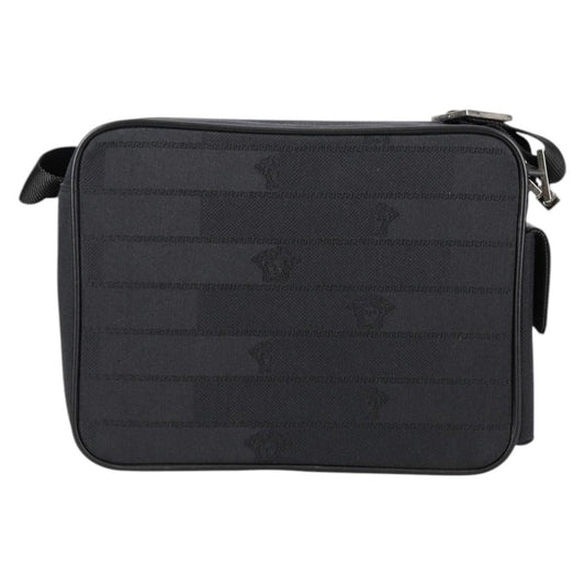 Versace Front Pocket Shoulder Bag Leather and Canvas, BLACK, CANVAS, Shoulder bag