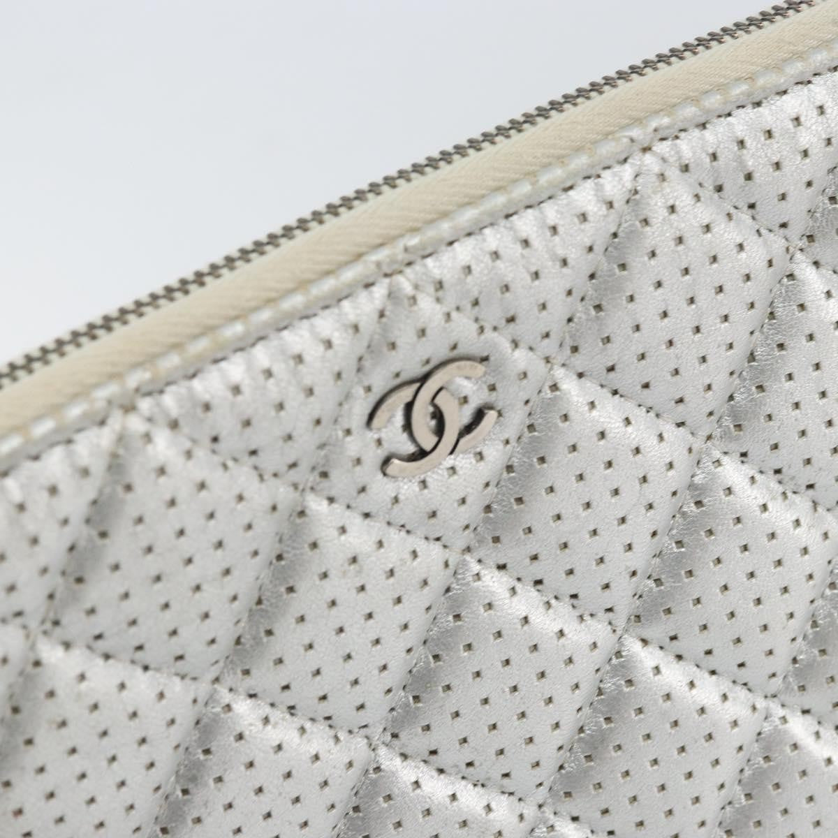 Chanel O Case Clutch Quilted Perforated Lambskin, SILVER, LEATHER, Clutche & pouche