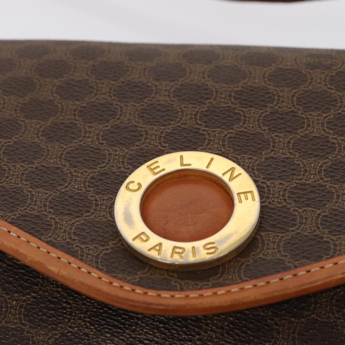Celine Vintage Macadam Circle Logo Shoulder Bag Canvas and Leather, BROWN, CANVAS, Shoulder bag