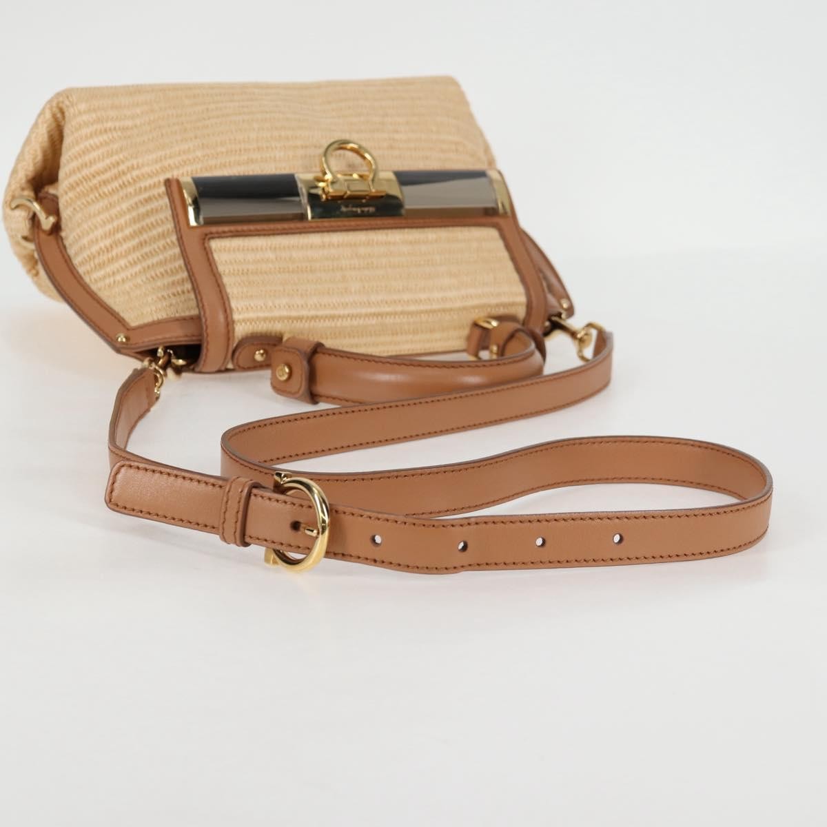 Salvatore Ferragamo Sofia Satchel Raffia with Leather, BEIGE, WOOD, Handbag