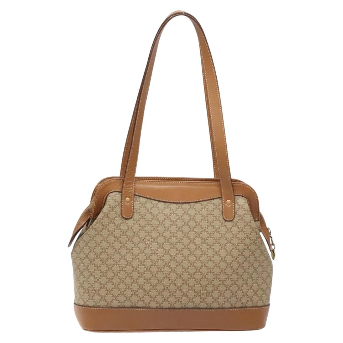 Celine Vintage Macadam Shoulder Bag Canvas and Leather, BEIGE, CANVAS, Shoulder bag
