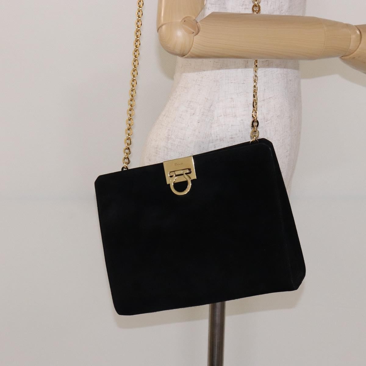 Salvatore Ferragamo Gancini Chain Shoulder Bag Suede, BLACK, SUEDE, Shoulder bag
