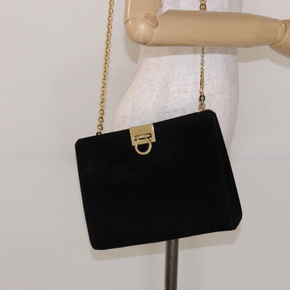 Salvatore Ferragamo Gancini Chain Shoulder Bag Suede, BLACK, SUEDE, Shoulder bag