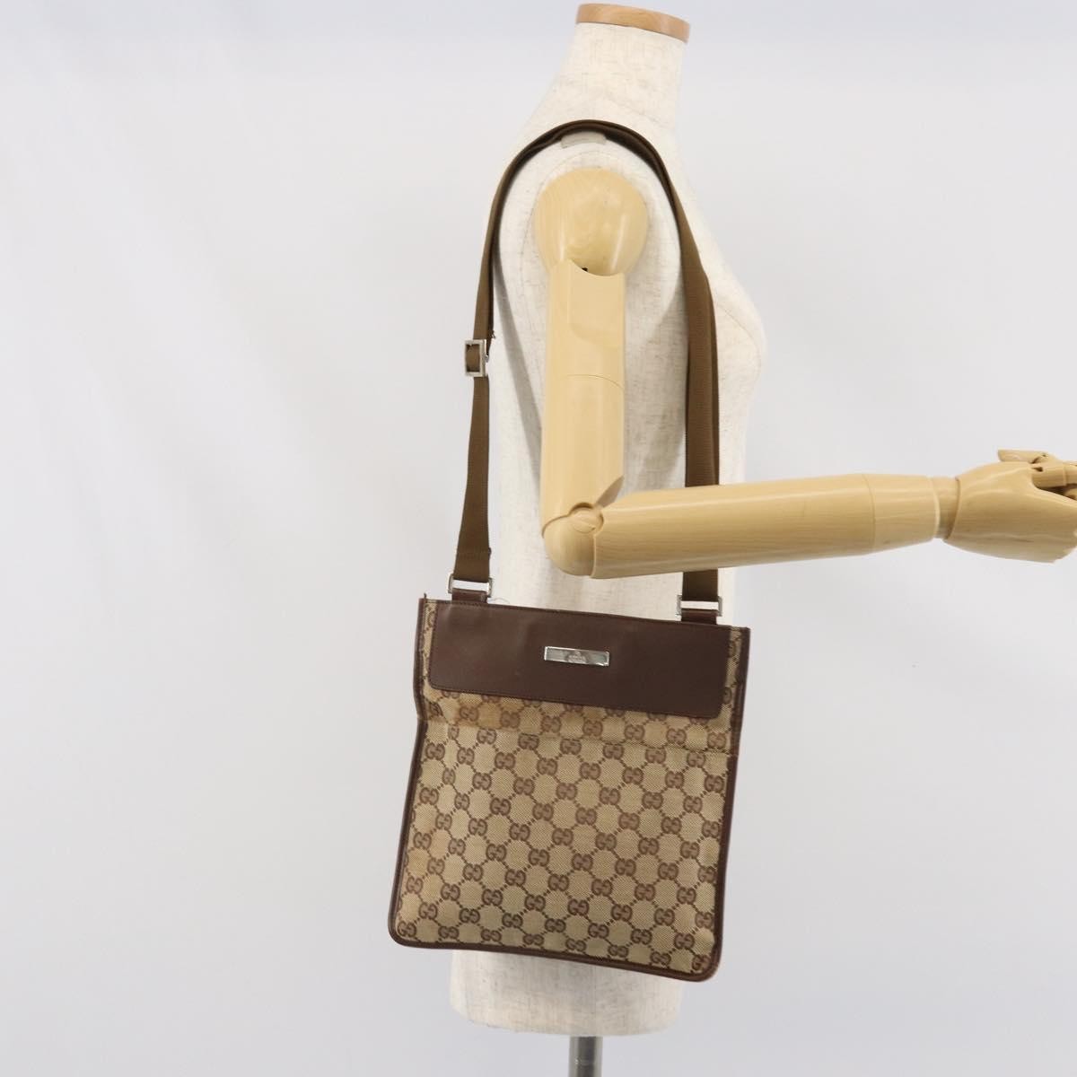 Gucci Vintage Flat Messenger Bag GG Canvas and Leather, BEIGE, CANVAS, Shoulder bag