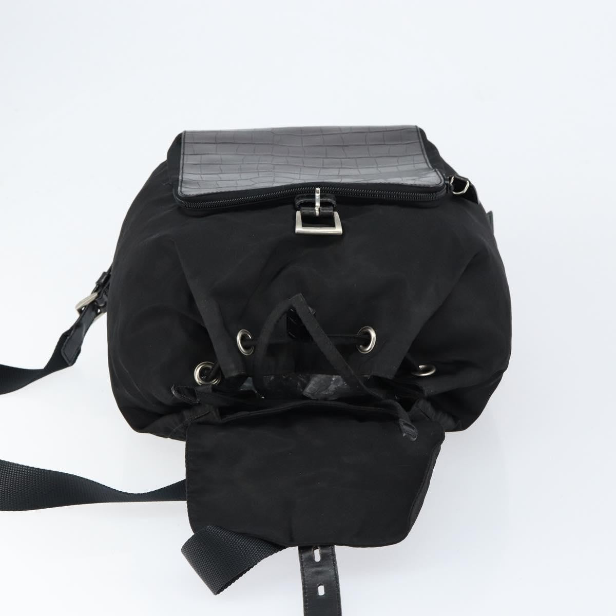Prada Cinch Buckle Flap Backpack Tessuto with Crocodile Embossed Leather, BLACK, NYLON, Backpack