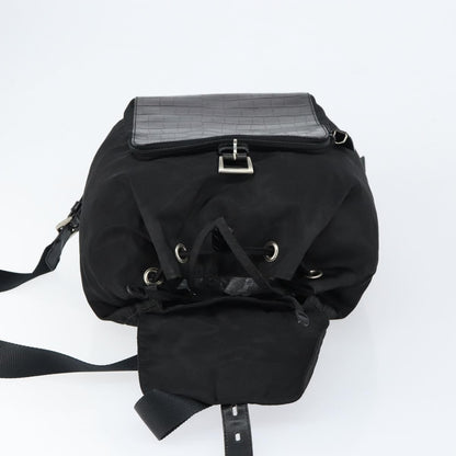 Prada Cinch Buckle Flap Backpack Tessuto with Crocodile Embossed Leather, BLACK, NYLON, Backpack